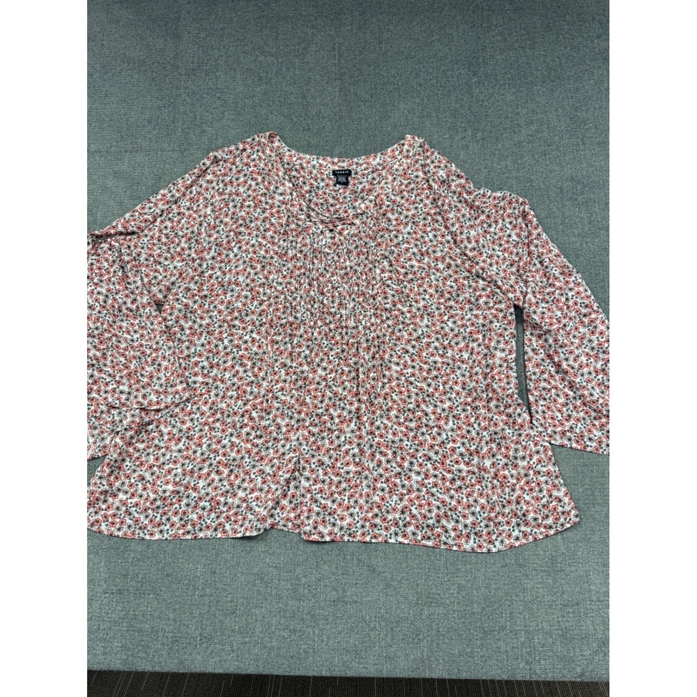 Torrid Floral Lace Up Pintuck Blouse Womens 5 5X Pink Black Long Sleeve Top
